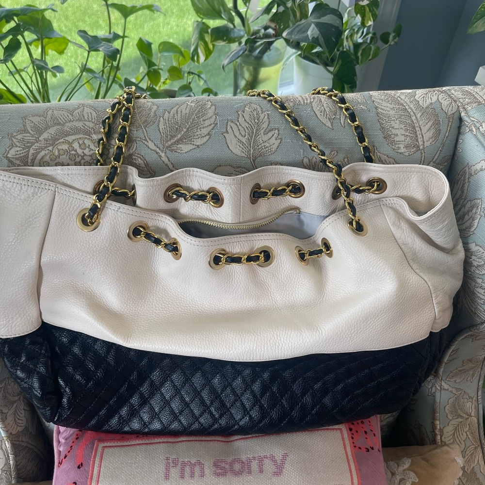 Two-Tone Black and Cream Shoulder Tote Bag Large